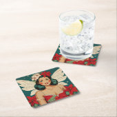 レトロ50sトロピカルクリスマスピンアップスターレット スクエアペーパーコースター (インサイチュ)