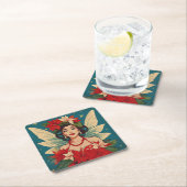 レトロ50sトロピカルクリスマスピンアップ美しいクイーン スクエアペーパーコースター (インサイチュ)