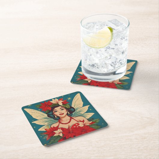 レトロ50sトロピカルクリスマスピンアップ美しいクイーン スクエアペーパーコースター (インサイチュ)