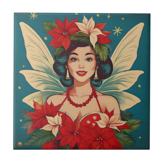 レトロ50sトロピカルクリスマスピンアップ美しいクイーン タイル (正面)