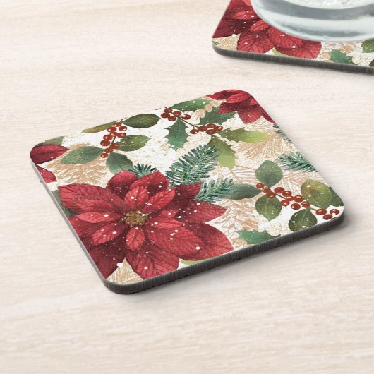 レトロ50sポインセチア赤グリーンクリーム コースター (左側)