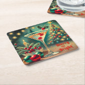 レトロ50s明るいメリークリスマスカクテルマルティーニ スクエアペーパーコースター (アングル)