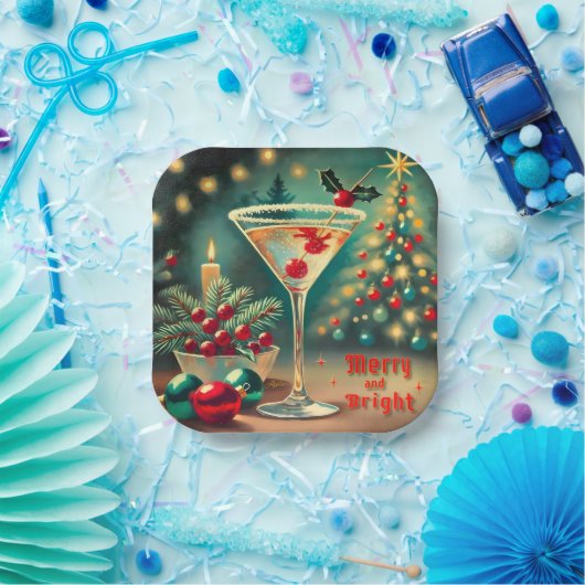 レトロ50s明るいメリークリスマスカクテルマルティーニ ペーパープレート (パーティー)
