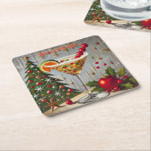 レトロ50s明るいメリークリスマスキャンディカクテル スクエアペーパーコースター (アングル)