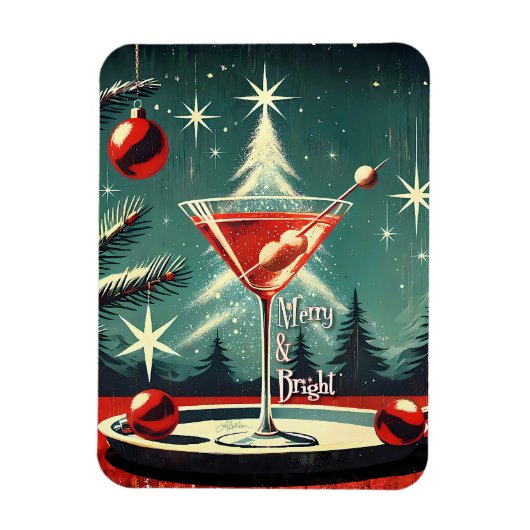 レトロ50's雪ふぶきクリスマスツリーマティーニ マグネット (縦)