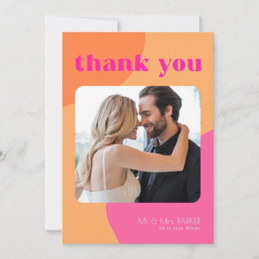 レトロ6枚オレンジピンク結婚のサンキューカード 招待状 (正面)