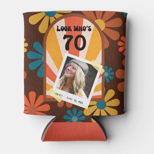 レトロ60のフラワーパワーフォトパーソナライズされたー 缶クーラー (正面)