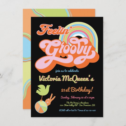 レトロ60の70のヒッピーGroovyパーティー 招待状 (正面/裏面)