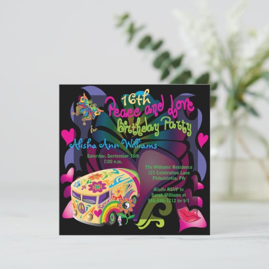 レトロ60年代の平和と愛16th誕生日パーティー 招待状 (スタンド正面)