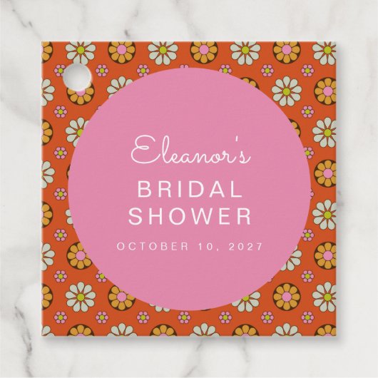 レトロ60年代の花 オレンジ ピンク ブライダルシャワー カスタム フェイバータグ (正面)