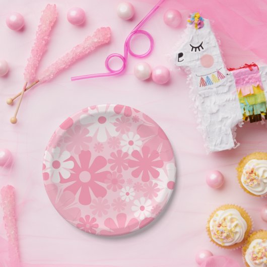 レトロ60年代70年代の審美的なピンクの花柄 ペーパープレート (パーティー)