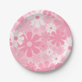 レトロ60年代70年代の審美的なピンクの花柄 ペーパープレート (正面)
