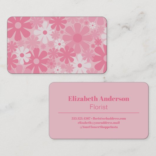 レトロ60年代70年代の審美的なピンクの花柄 名刺 (正面/裏面)