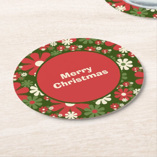 レトロ60年代70年代フローラメリークリスマス ラウンドペーパーコースター (アングル)