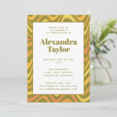 レトロ60年代70年代抽象的なグルービーグリーンの卒業パーティー 招待状 (スタンド正面)