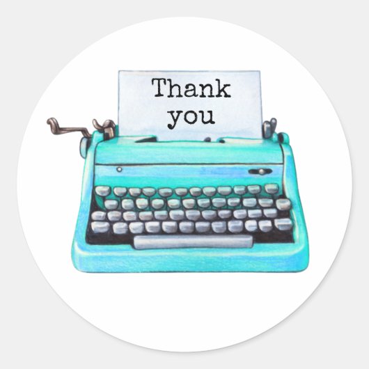 レトロ60sアクアタイプライターかわいいガーリーありがとう ラウンドシール (正面)