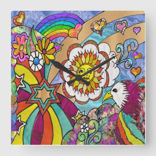 レトロ60sサイケデリックサンシャインイーグル時計 スクエア壁時計 (正面)