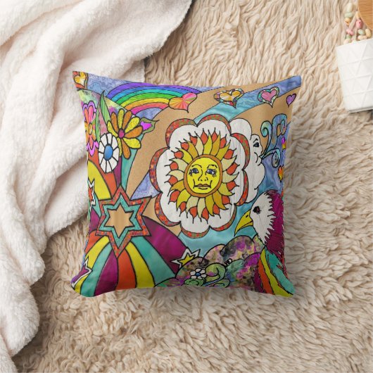 レトロ60sサイケデリックサンシャインイーグル装飾用クッション クッション (ブランケット)