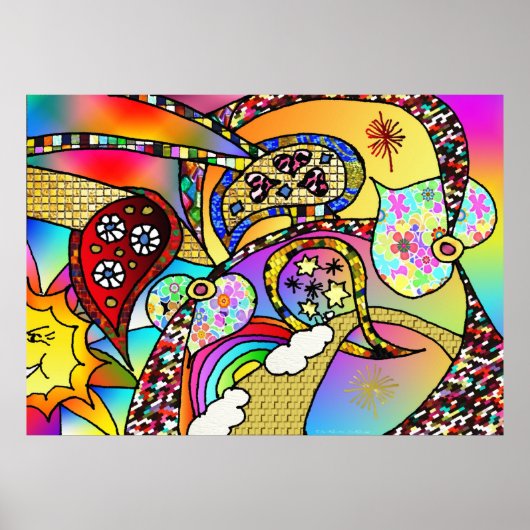 レトロ60sサイケデリックハートペイズリープリントポスター ポスター (正面)