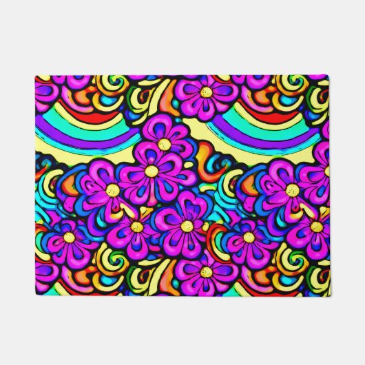 レトロ60sサイケデリック花虹柄 ドアマット (正面)