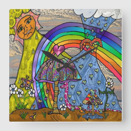 レトロ60sサイケデリック魔法マッシュルームSqクロック スクエア壁時計 (正面)