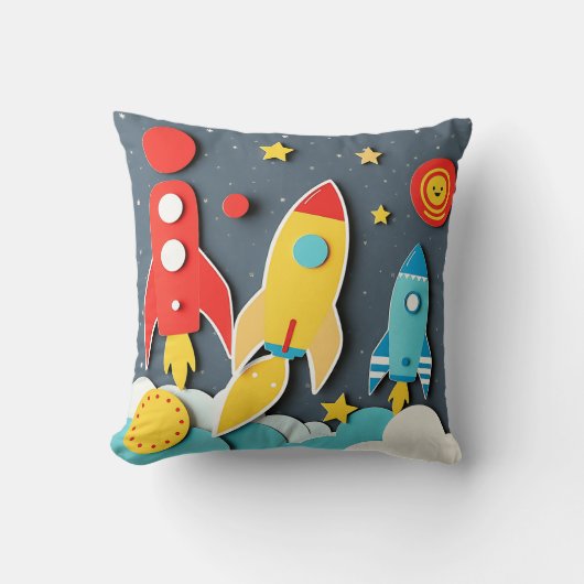 レトロ60sスタイルカラフルロケットデザイン クッション (正面)