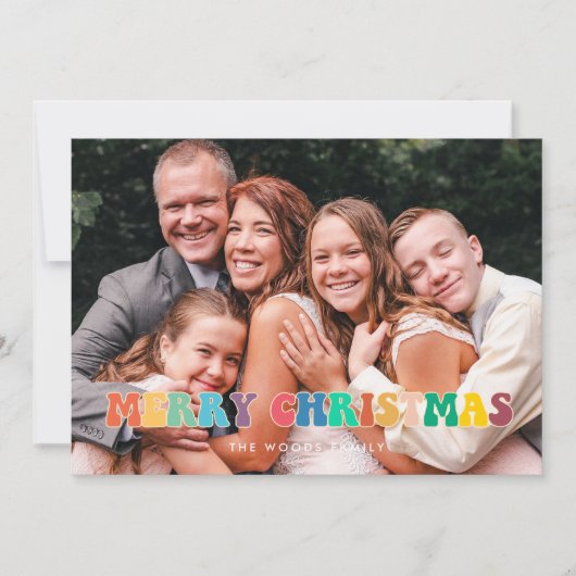 レトロ60sヒッピーおもしろいメリークリスマスファミリーフォト シーズンカード (正面)