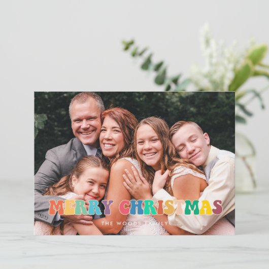 レトロ60sヒッピーおもしろいメリークリスマスファミリーフォト シーズンカード (スタンド正面)