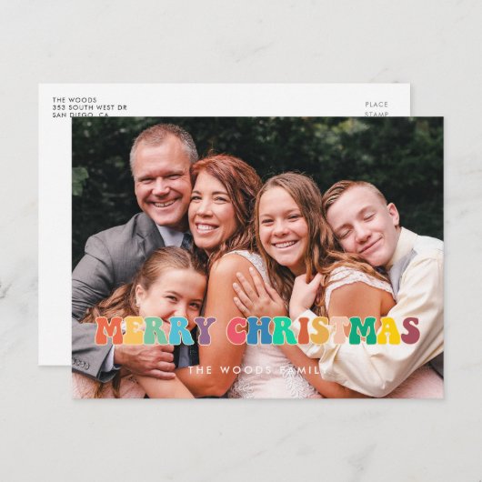 レトロ60sヒッピーおもしろいメリークリスマス家族の写真 シーズンポストカード (正面/裏面)