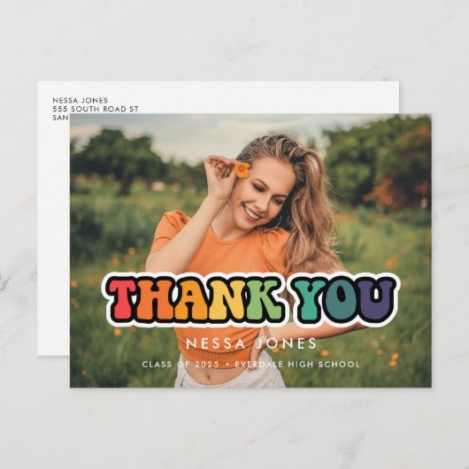 レトロ60sヒッピーおもしろい卒業ありがとう写真 ポストカード (正面/裏面)