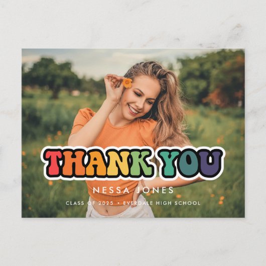レトロ60sヒッピーおもしろい卒業ありがとう写真 ポストカード (正面)