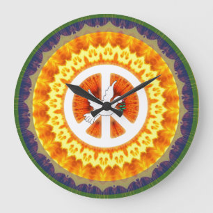 レトロ60sピースシンボルホワイトドーブオリーブブランチ ラージ壁時計
