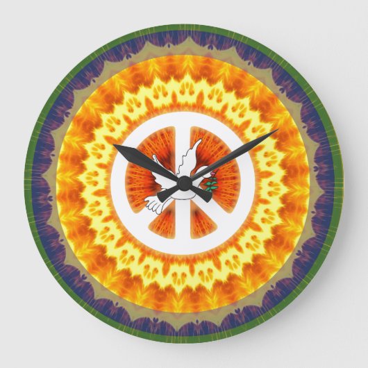 レトロ60sピースシンボルホワイトドーブオリーブブランチ ラージ壁時計 (正面)