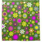 レトロ60sフラワーグリーンイエローパープルフローラデザイン シャワーカーテン (正面)