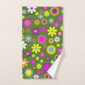 レトロ60sフラワーグリーンイエローパープルフローラデザイン バスタオルセット (ハンドタオル)