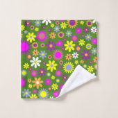 レトロ60sフラワーグリーンイエローパープルフローラデザイン バスタオルセット (ウォッシュタオル)