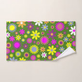 レトロ60sフラワーグリーンイエローパープルフローラデザイン バスタオルセット (ハンドタオル)