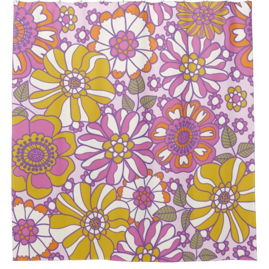 レトロ60sフローラ。ヴィンテージイラストレーションパターン。  シャワーカーテン (正面)