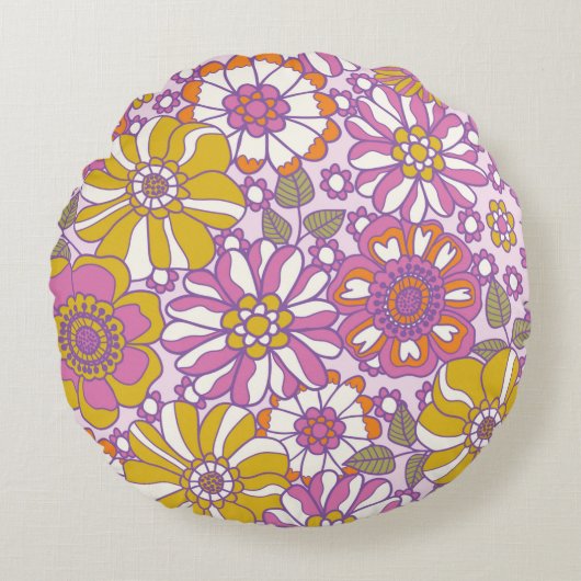 レトロ60sフローラ。ヴィンテージイラストレーションパターン。 ラウンドクッション (正面)