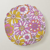 レトロ60sフローラ。ヴィンテージイラストレーションパターン。 ラウンドクッション (裏面)