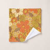 レトロ60s/70sオレンジ&オリーブグリーンフローラ バスタオルセット (ウォッシュタオル)