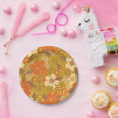 レトロ60s/70sオレンジ&オリーブグリーンフローラ ペーパープレート (パーティー)
