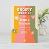 レトロ60s 70sヒッピーストライプフラワーグルーヴィ結婚ズ 招待状 (スタンド正面)