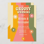 レトロ60s 70sヒッピーストライプフラワーグルーヴィ結婚ズ 招待状 (正面/裏面)