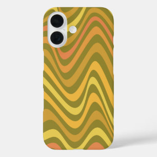 レトロ60s 70s抽象芸術線パターングリーンイエロー iPhone 16ケース