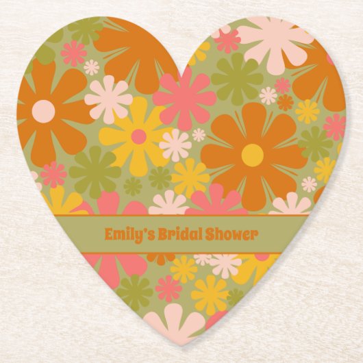 レトロ60s 70s美的フローラ パーソナライズされた ペーパーコースター (正面)
