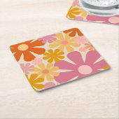 レトロ60s 70s美的花柄 スクエアペーパーコースター (アングル)