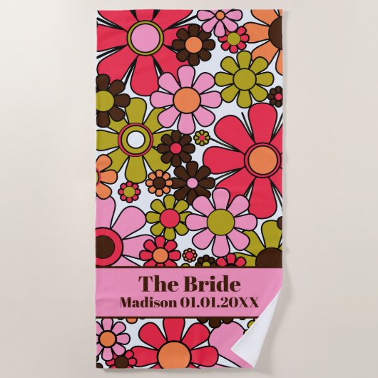 レトロ60s 70s花嫁の花柄 ビーチタオル (正面)