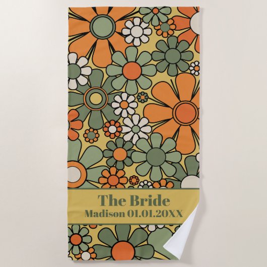 レトロ60s 70s花嫁の花柄 ビーチタオル (正面)