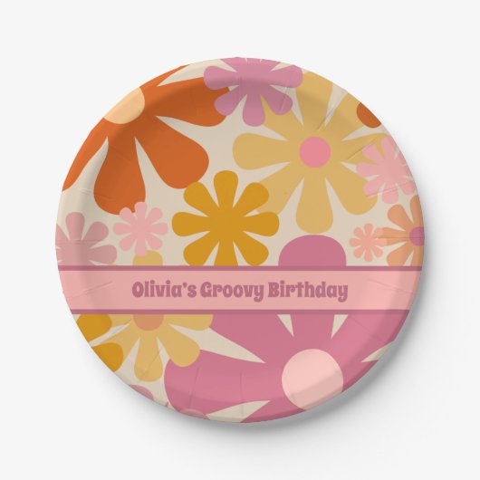 レトロ60s 70s花柄パーソナライズされた ペーパープレート (正面)